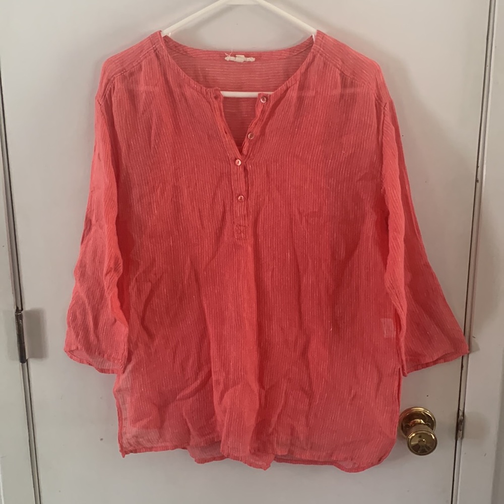 Eileen Fisher salmon pink striped linen blouse with matching cotton tank